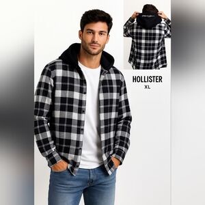 Hollister Men’s Plaid Flannel Shirt Hoodie Black White Cotton Size XL
